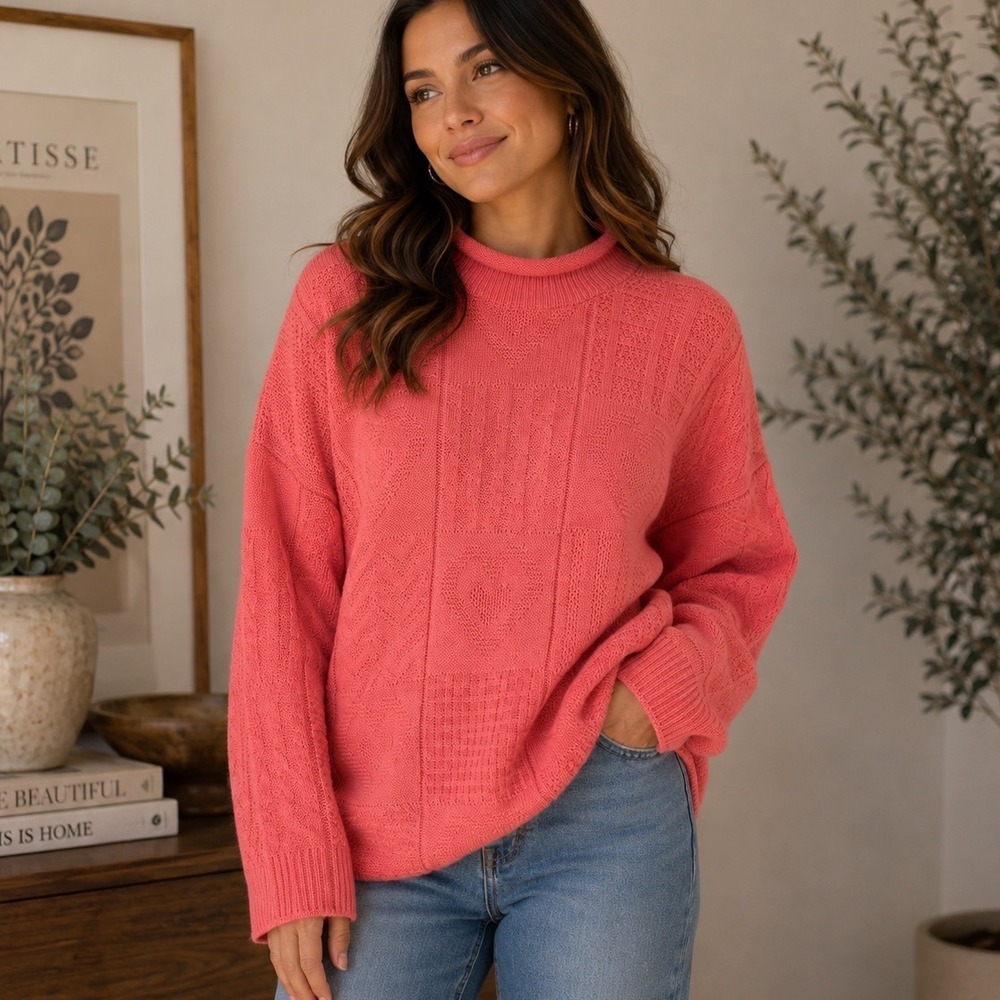 Workable Separates Sweater Womens 2X Pink Heart Patchwork Mock Neck Grandmacore